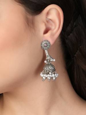 Oxidised silver-plated pearl-tessel dome shaped jhumki 2
