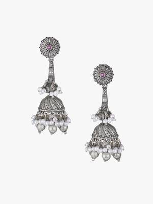Oxidised silver-plated pearl-tessel dome shaped jhumki 3
