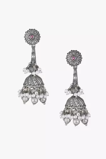 Oxidised silver-plated pearl-tessel dome shaped jhumki