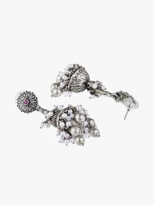 Oxidised silver-plated pearl-tessel dome shaped jhumki 4
