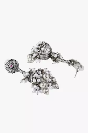 Oxidised silver-plated pearl-tessel dome shaped jhumki