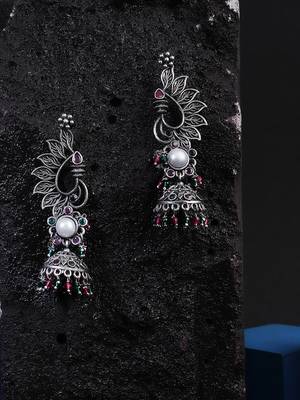 Oxidised silver-plated stone-studed pearl-tessel dome shaped jhumki 1
