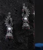 Oxidised silver-plated stone-studed pearl-tessel dome shaped jhumki