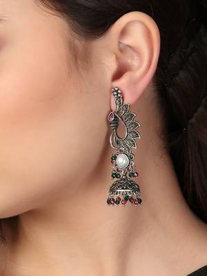 Oxidised silver-plated stone-studed pearl-tessel dome shaped jhumki 2