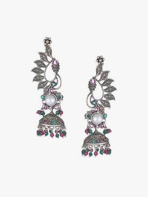 Oxidised silver-plated stone-studed pearl-tessel dome shaped jhumki 3