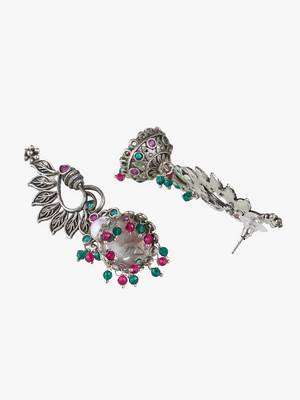 Oxidised silver-plated stone-studed pearl-tessel dome shaped jhumki 4