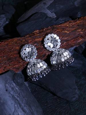Oxidised silver-plated mirror-studded pearl-tessel dome shaped jhumki 1