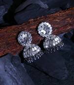 Oxidised silver-plated mirror-studded pearl-tessel dome shaped jhumki