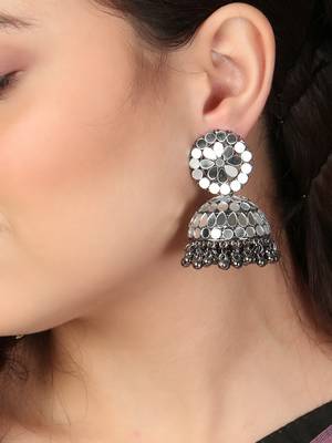 Oxidised silver-plated mirror-studded pearl-tessel dome shaped jhumki 2