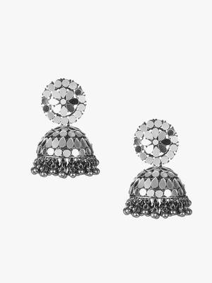 Oxidised silver-plated mirror-studded pearl-tessel dome shaped jhumki 3