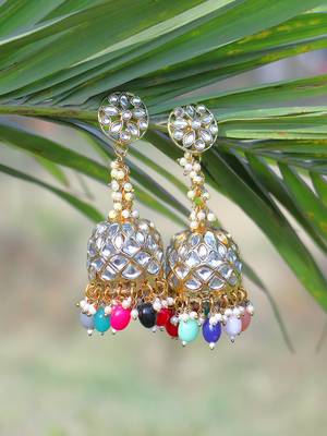 Oxidised silver-plated kundan-studded pearl-tessel dome shaped jhumki 1