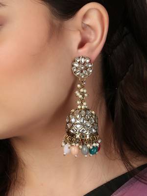 Oxidised silver-plated kundan-studded pearl-tessel dome shaped jhumki 2