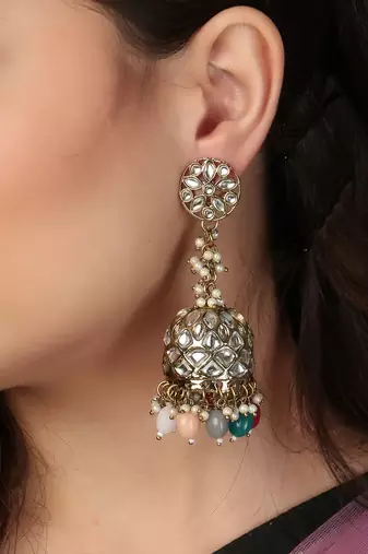 Oxidised silver-plated kundan-studded pearl-tessel dome shaped jhumki