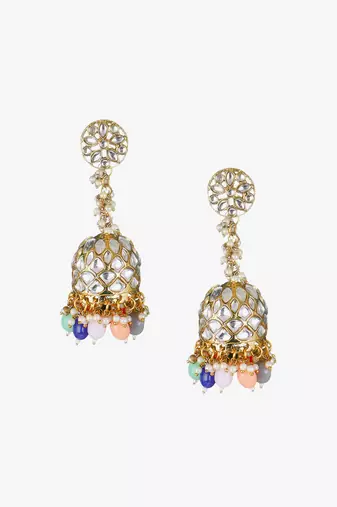 Oxidised silver-plated kundan-studded pearl-tessel dome shaped jhumki