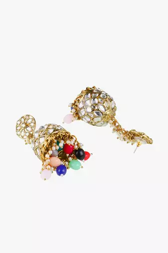 Oxidised silver-plated kundan-studded pearl-tessel dome shaped jhumki