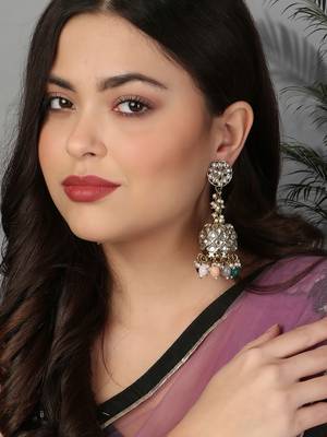 Oxidised silver-plated kundan-studded pearl-tessel dome shaped jhumki 5