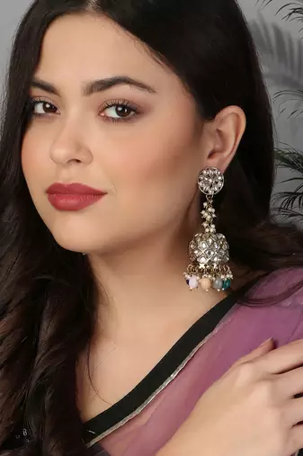 Oxidised silver-plated kundan-studded pearl-tessel dome shaped jhumki