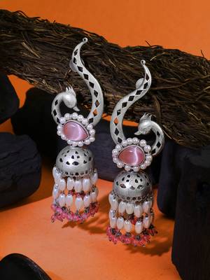 Oxidised pink stone-studded pearl-tessels jhumkis 1