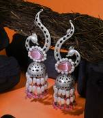 Oxidised pink stone-studded pearl-tessels jhumkis