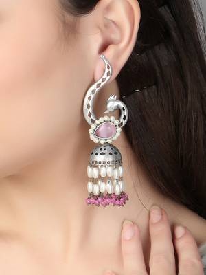 Oxidised pink stone-studded pearl-tessels jhumkis 2