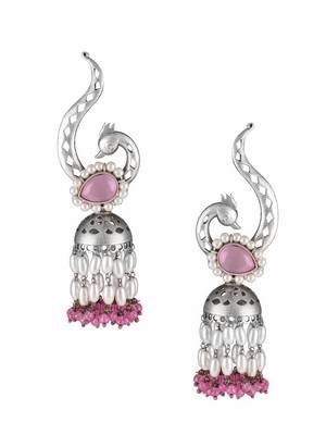 Oxidised pink stone-studded pearl-tessels jhumkis 3
