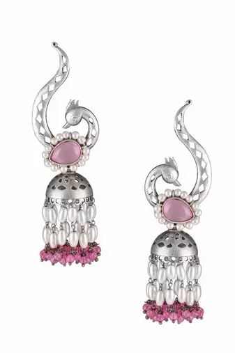 Oxidised pink stone-studded pearl-tessels jhumkis