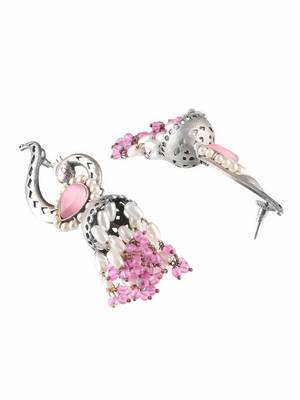 Oxidised pink stone-studded pearl-tessels jhumkis 4