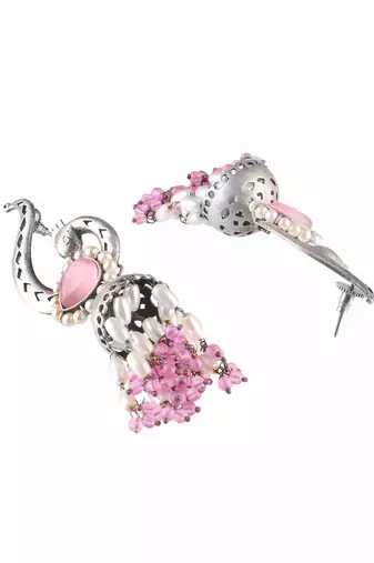 Oxidised pink stone-studded pearl-tessels jhumkis