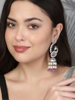 Oxidised pink stone-studded pearl-tessels jhumkis 5
