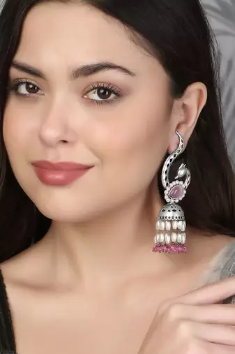 Oxidised pink stone-studded pearl-tessels jhumkis