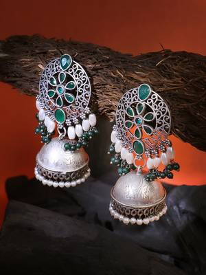 Oxidised green stone-studded pearl-tessels jhumkis 1