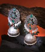 Oxidised green stone-studded pearl-tessels jhumkis