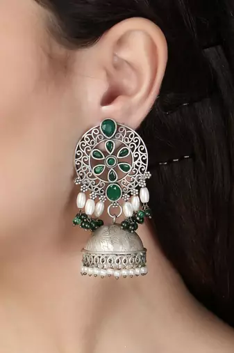 Oxidised green stone-studded pearl-tessels jhumkis