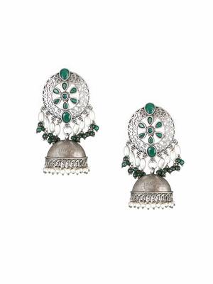 Oxidised green stone-studded pearl-tessels jhumkis 3