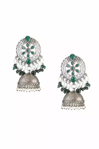 Oxidised green stone-studded pearl-tessels jhumkis