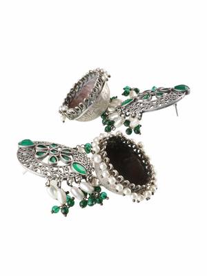 Oxidised green stone-studded pearl-tessels jhumkis 4