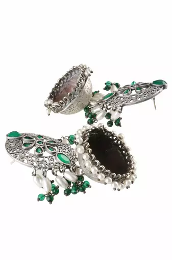 Oxidised green stone-studded pearl-tessels jhumkis
