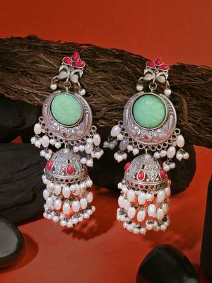 Oxidised multi stone-studded pearl-tessels jhumkis 1