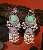 Oxidised multi stone-studded pearl-tessels jhumkis