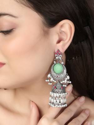 Oxidised multi stone-studded pearl-tessels jhumkis 2