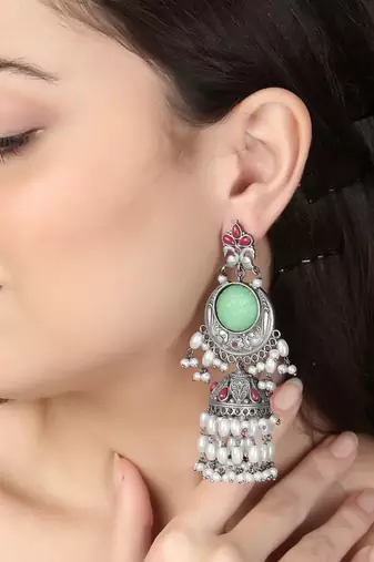 Oxidised multi stone-studded pearl-tessels jhumkis