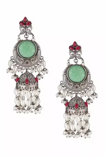 Oxidised multi stone-studded pearl-tessels jhumkis