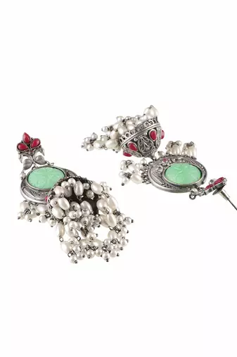 Oxidised multi stone-studded pearl-tessels jhumkis