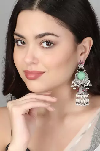 Oxidised multi stone-studded pearl-tessels jhumkis