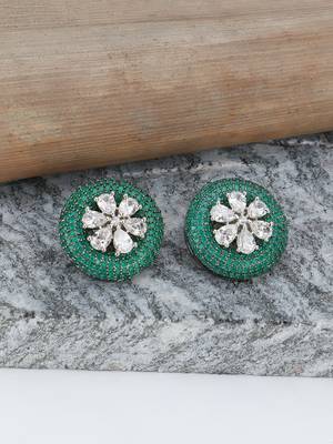 Women flower green stone studded oxidised stud earrings 1