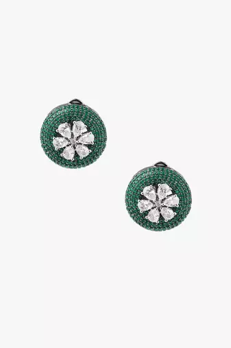 Women flower green stone studded oxidised stud earrings