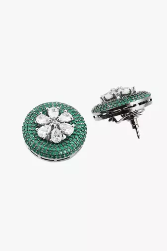 Women flower green stone studded oxidised stud earrings