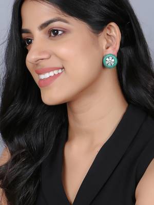 Women flower green stone studded oxidised stud earrings 5