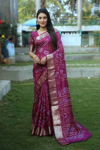 Women Wine Bandhej Silk And Zari Weaving Rich Pallu Saree With Blouse For Women