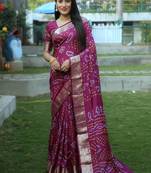 Women Wine Bandhej Silk And Zari Weaving Rich Pallu Saree With Blouse For Women